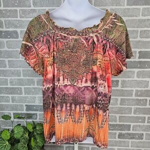 Essentials Blouse Top‎ Women's 3X Rhinestone Embellished Short Sleeve Multicolor